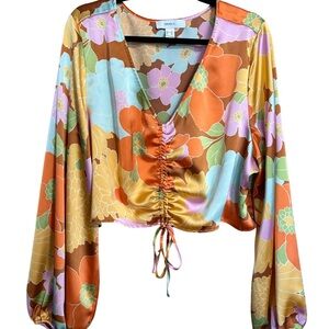 Forever 21 Bold Satin Floral Ruched Front Crop Top Blouse 3X